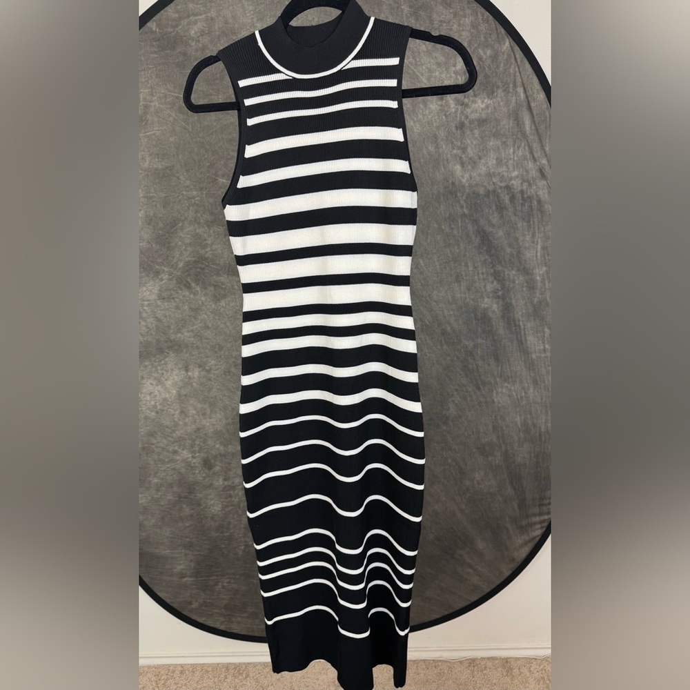 Express Black White Striped Ribbed Midi Dress M | NWT Sleeveless